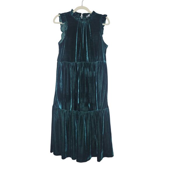 J.Crew Dresses & Skirts - J. Crew Velvet Midi Dress 8 Emerald Green Tiered Ruffle High Neck Romantic Party